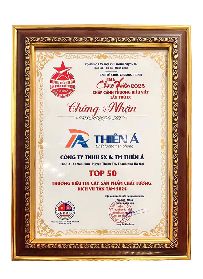 Giấy chứng nhận Top 50 Thương hiệu Tin cậy, Sản phẩm Chất lượng, Dịch vụ Tận Tâm